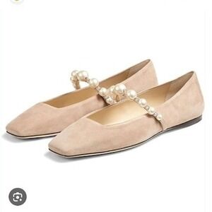 Pearl-Accent Nude Suede Mary Jane Flats